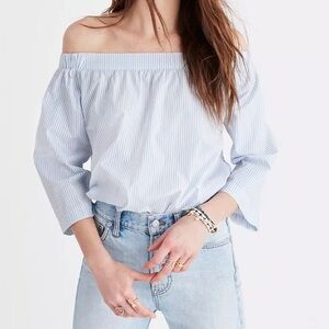 Madewell Clean Cotton Off-the-Shoulder Top in Blue White Stripe